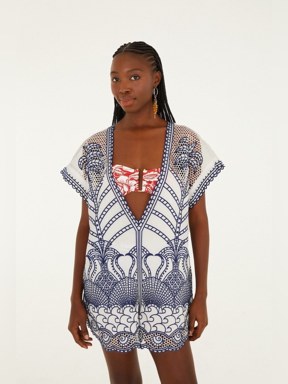 FARM RIO Blue Richelieu Plunging Neck Romper